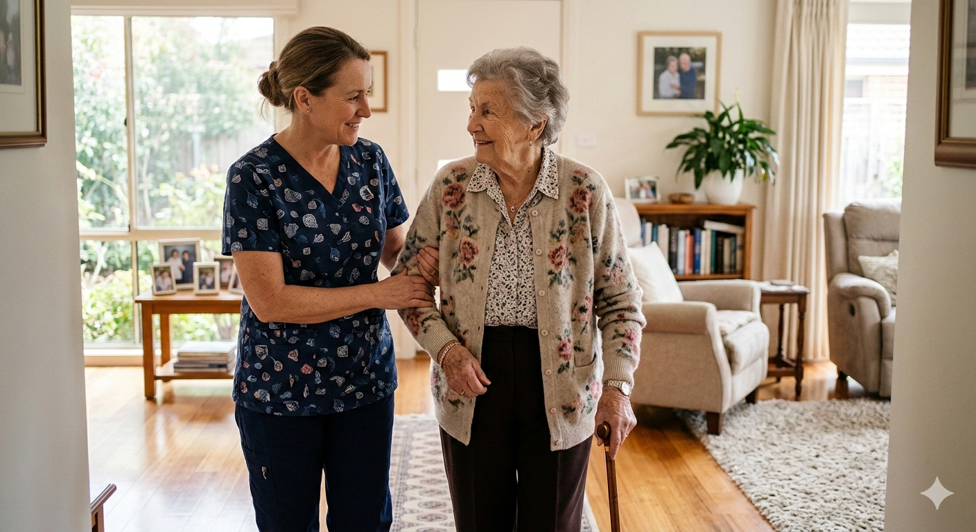 Caregiver warmly assisting an elderly client at home